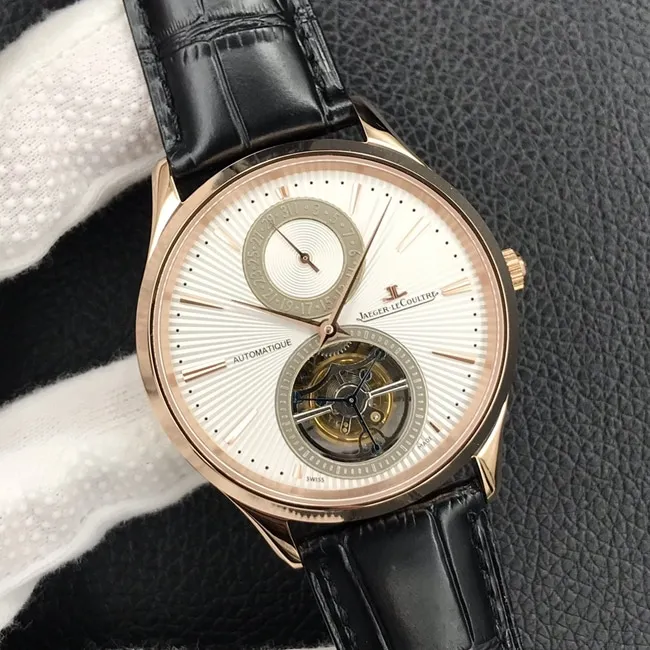 top-tier watch Jaeger-LeCoultre men's white dial black belt automatic movement tourbillon master series watch front view