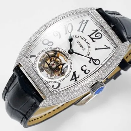 top-tier Frank Muller men's watch white dial black belt manual winding mechanical tourbillonleather strap front view