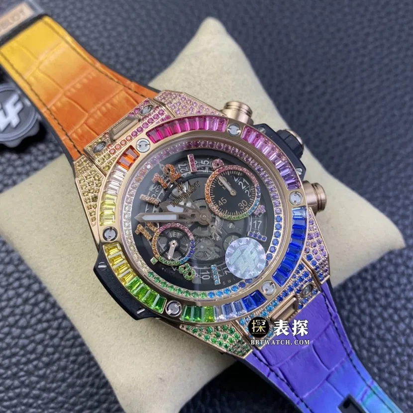 ZF BIG BANGHublot1:1replica watch hollow panda disc rainbow diamond leather strap model 411.OX.9910.LR.0999bracelet picture