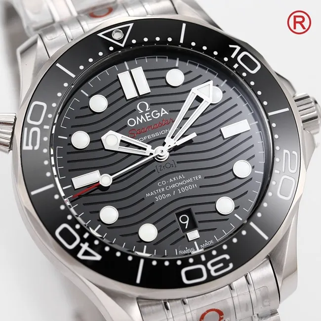 Top Omega Men's Black Plate Steel Strap Seamaster 300M Automatic Mechanical Watch Front View