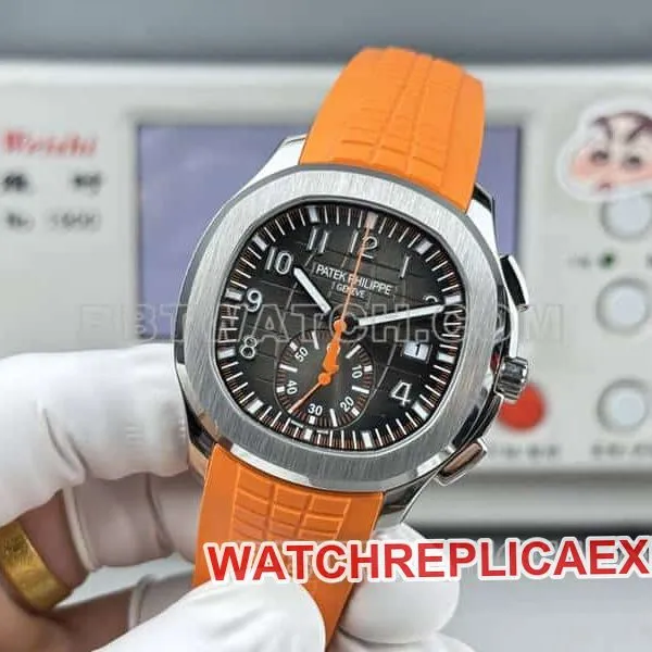 1:1replica watch Patek PhilippeP1 factory grenade black dial mechanical orange rubber model 5968front live photo