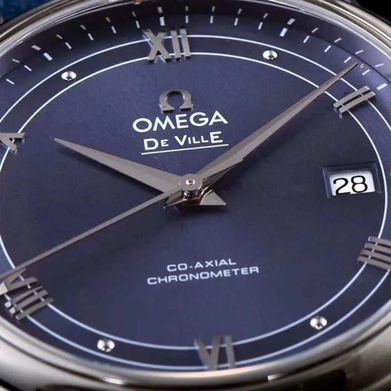 Omegahigh-quality watch disc flying business series men's mechanical ultra-thin watch blue bracelet track butterfly flying blue front view