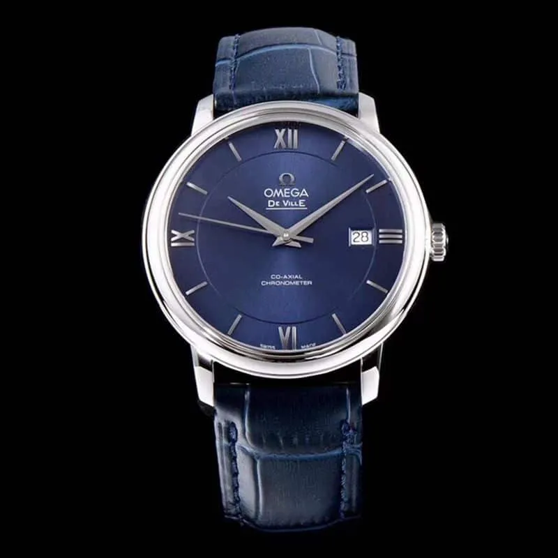 Omegasuper watch disc flying business series men's mechanical ultra-thin watch blue leather blue face front view