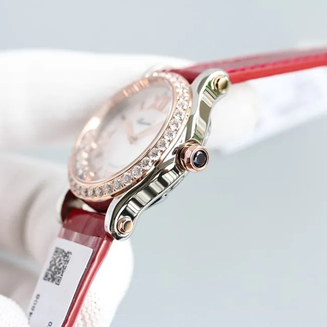 top-tier watch Chopard women's white dial red band happy diamond series leather strap mechanical watch front view