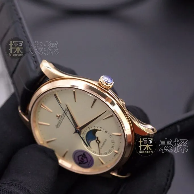 APS factory master Jaeger-LeCoultre1:1replica watch eggshell yellow plate rose goldmoon phaseleather strap model 1362511clasplive photos