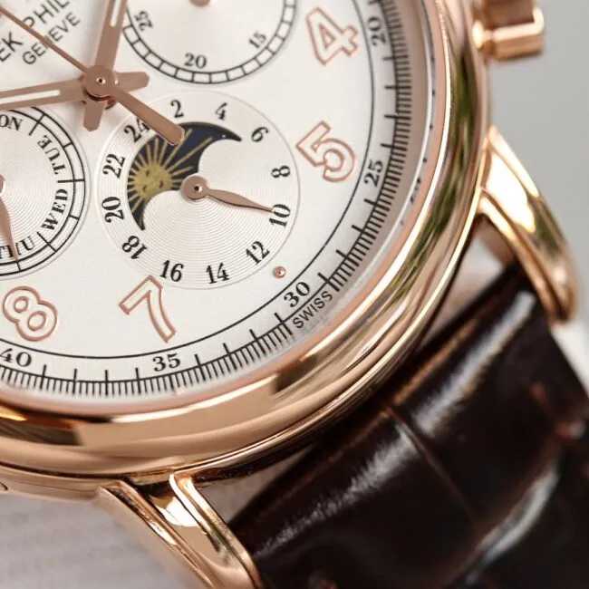 top-tier watch Patek Philippe rose gold white background complex function chronograph series men's mechanical watch clasp picture
