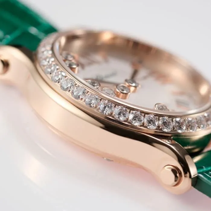 top-tier watch Chopard women's white dial green strap happy diamond series mechanical leather strap watch clasp picture