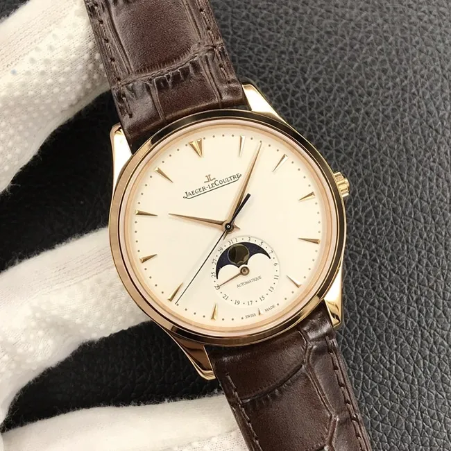 GF Factory top-tier watch Jaeger-LeCoultre men's white dial brown belt automatic movement master series leather strap watch front view