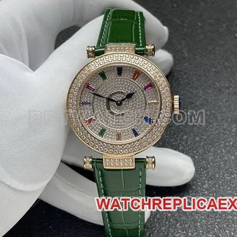 Franck Muller quartz collectible watch ABF factory diamond plate gold diamond bezel green leather braceletcaseback live photo