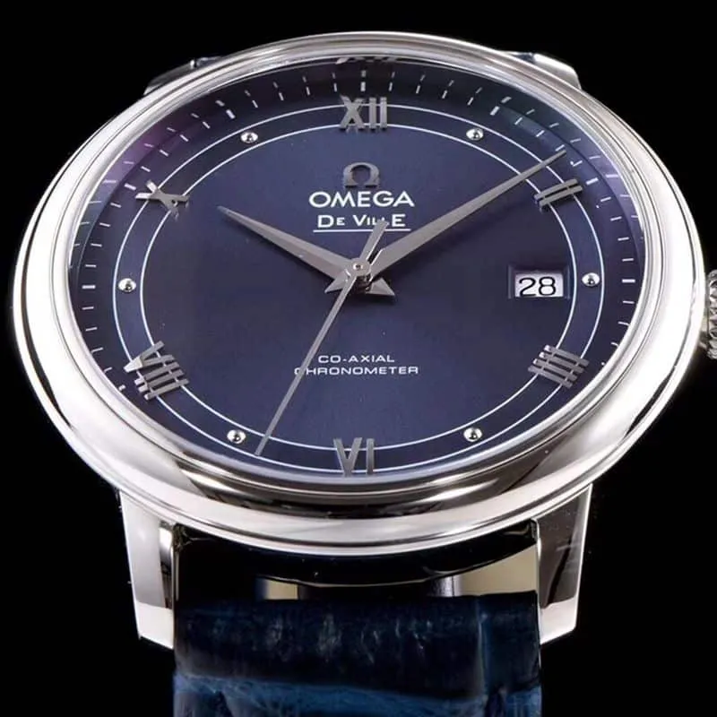 Omegahigh-quality watch disc flying business series men's mechanical ultra-thin watch blue bracelet track butterfly flying blue front view