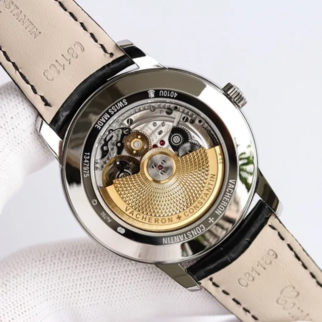 top-tier watch Vacheron Constantin men's white dial black belt heritage series automatic movement watch front view