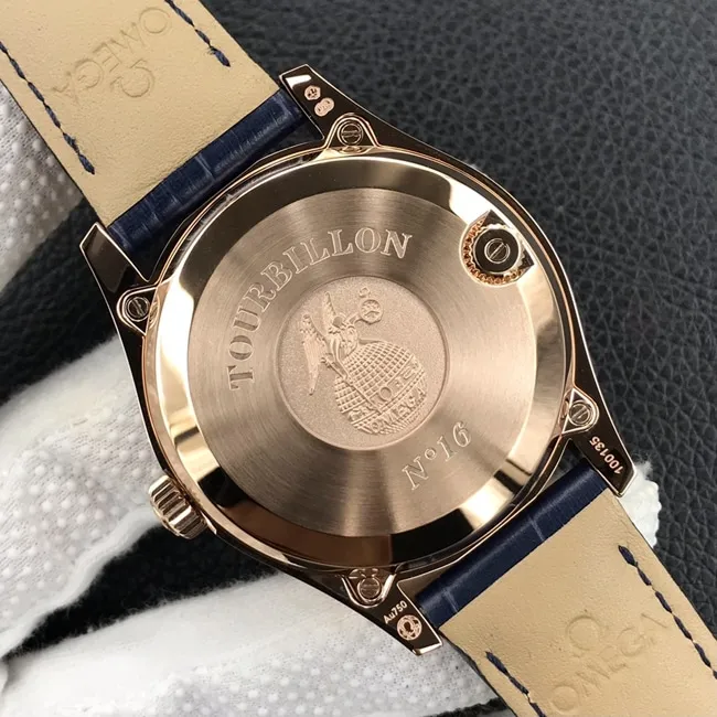 top-tier Omega men's blue dial blue belt De Ville series automatic movement tourbillon watch clasp picture