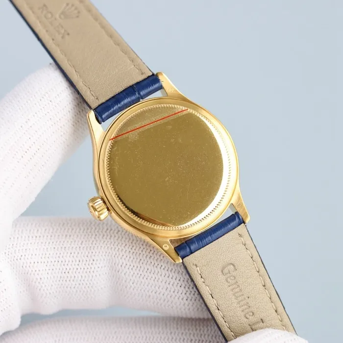 Top Rolex Ladies' Cellini series black dial leather strap watch, front view