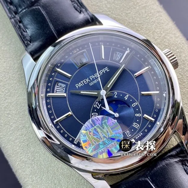 KM factory Patek Philippe complex function timepiece 5205G1:1super watch men's blue dialmoon phaseleather strap model pictures and prices clasplive photos