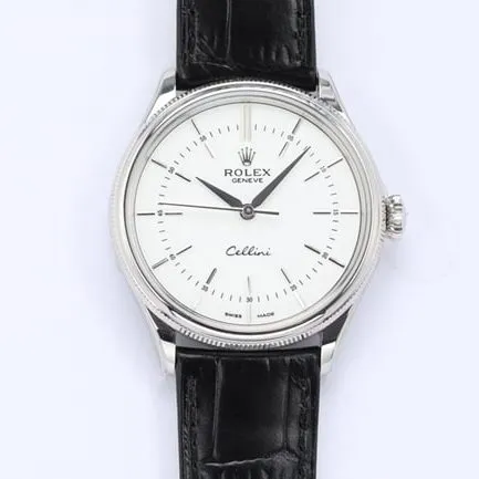 top-tierhigh-quality watch Rolex Cellini series men's white dial automatic movementleather strap watch front view