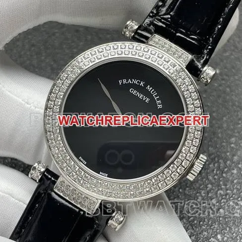 1:1replica watch frank Muller quartzABF factory black dialdiamond bezel black leather braceletside live photo