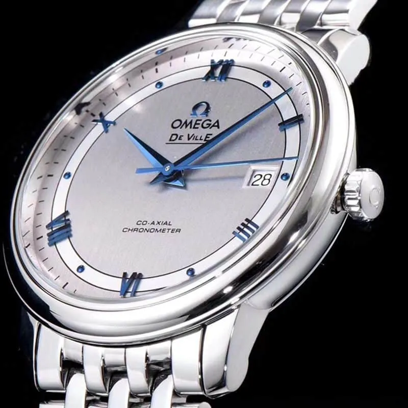 Omegahigh-quality watch De Ville series men's mechanical ultra-thin watch white steel track white face front view