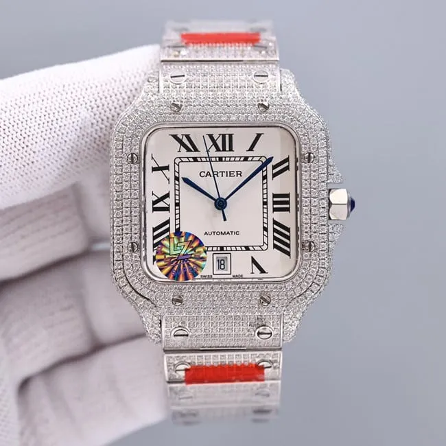 top-tier real diamond replicaCartier Santos baby's breath white dial watch movement picture
