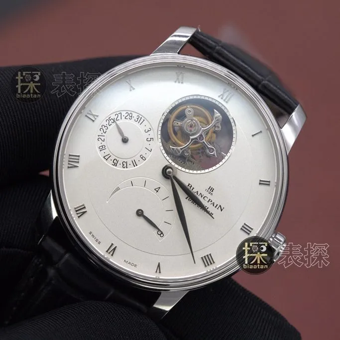 YS factory Blancpain1:1replica watch white dialchronograph tourbillon black leather bracelet side view