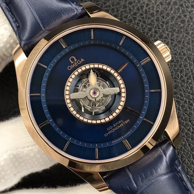 top-tier Omega men's blue dial blue belt De Ville series automatic movement tourbillon watch movement picture