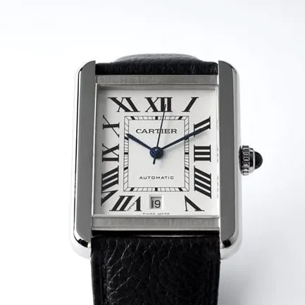 AF Factorytop-tier replicaCartier men's white dial black belt tank series fully automatic movementleather strap watch front view