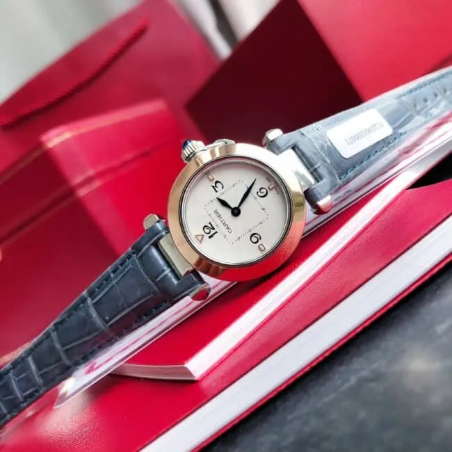 top-tier Cartier model 3 blue gold ladies watch front view