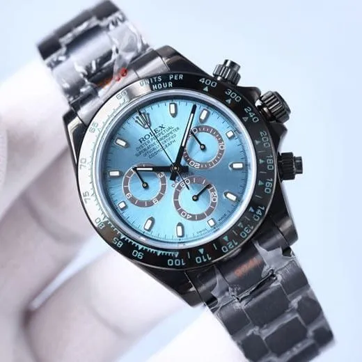 Rolextop-tier automatic multifunctional carbon black Di men's blue dialsteel bracelet mechanical watch front view