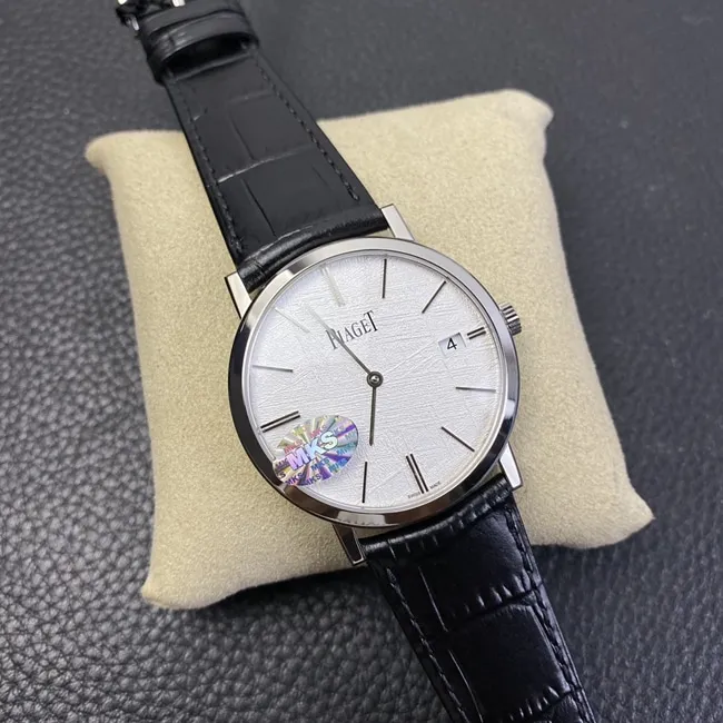 MKS Factorytop-tier watch Piaget men's white dial black belt ultra-thin series leather strap watch front view
