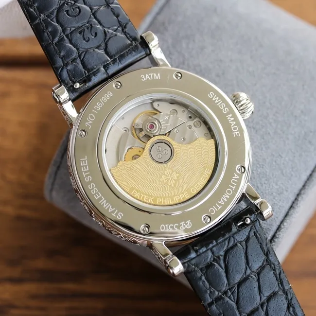 Patek Philippetop-tier watch men's white dial black strap hand-engraved mechanical leather strap 42mm watch front view