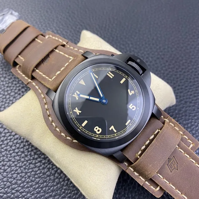 HW F factory Paneraitop-tier watch men's black dial brown belt manual winding mechanical leather strap front view