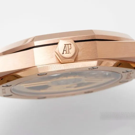 APS factory Audemars PiguetRoyal Oak1:1super cloneblack dialrose goldleather strap model 15510OR.OO.D002CR.02front live photo
