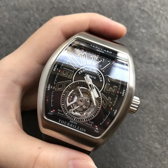 Top-tier watch Frank Muller men's black dial black belt V45 Pioneer series tourbillon mechanical leather strap watch front view
