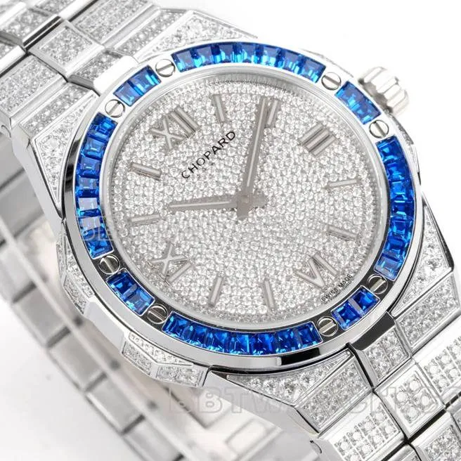 Chopard collectible watch GH factory snow mountain proud wing 41mm pavé diamond blue sapphire crystal circle steel bracelet caseback live photo