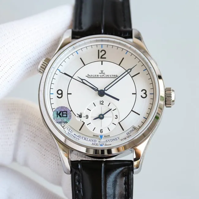TW factory top-tier replicaJaeger-LeCoultre geographer master series silver steel case black leather strap watch movement picture