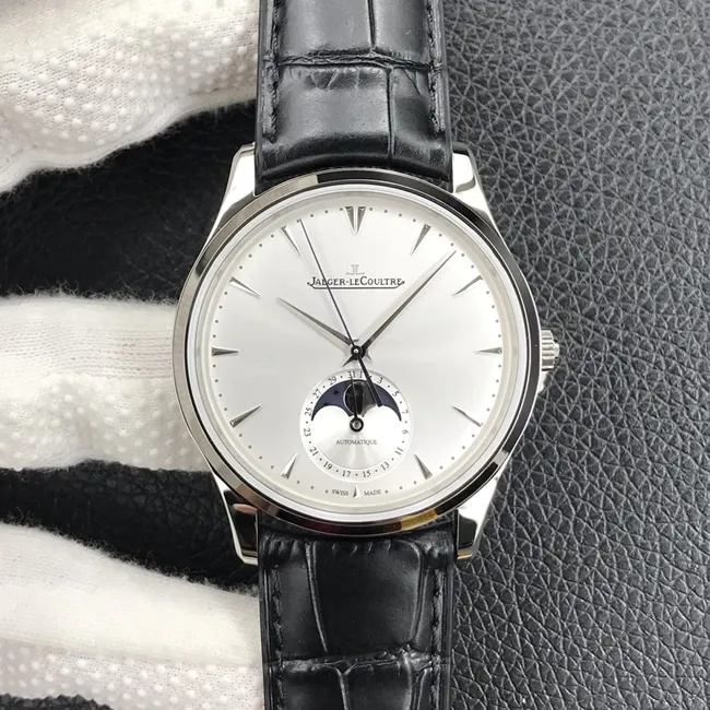 GF FactoryJaeger-LeCoultretop-tier watch men's white dial black belt formal watch master series mechanical leather strap watch side view