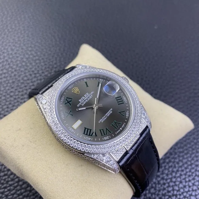 top-tier watch Rolex men's black dial black belt Datejust series fully automatic movementleather strap watch side view