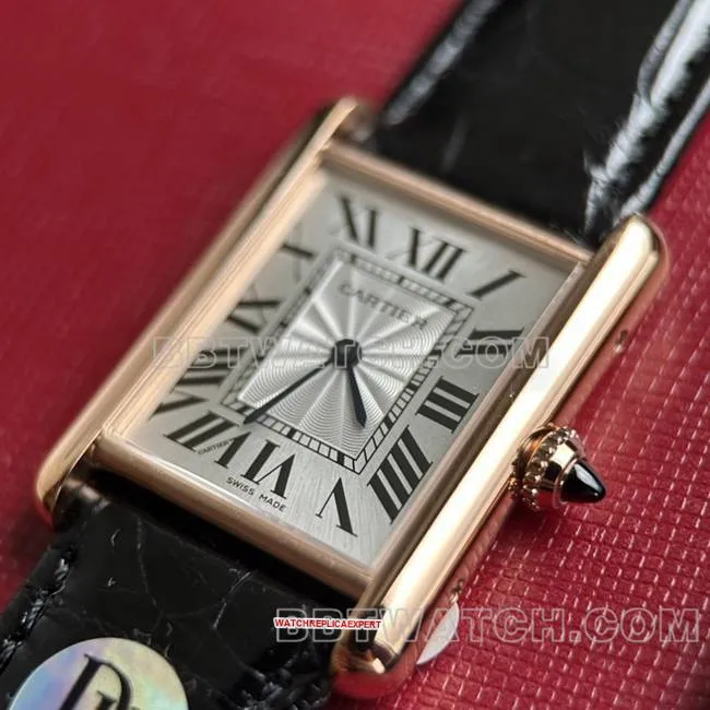 1:1replica watch DR factory tank Cartier silver gray plate rose gold case quartz black braceletside live photo