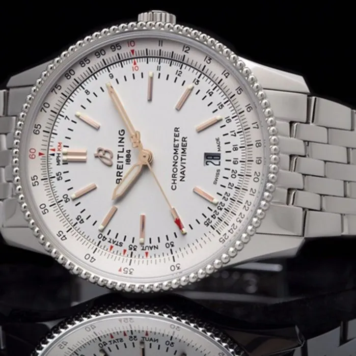 top-tier watch Breitling men's white dial aviation chronograph1 series overview steel bracelet watch back cover picture