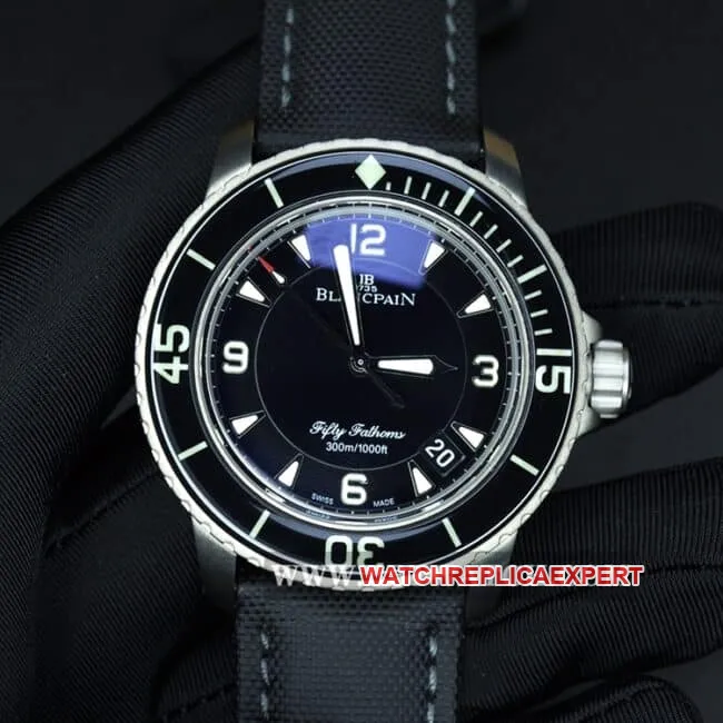 ZF FactoryBlancpain watch fifty fathoms top-tier men's black dial nylon strap mechanical movement side view
