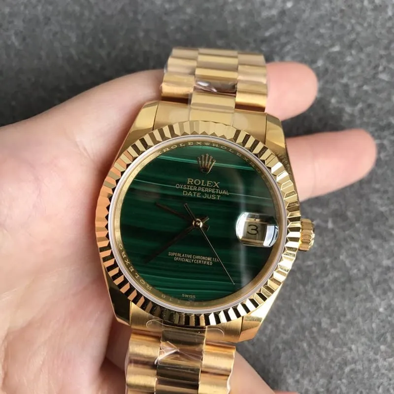 Rolex high-quality imitation Datejust 36mm malachite green dial men's mechanical watch full gold no hour markers front view