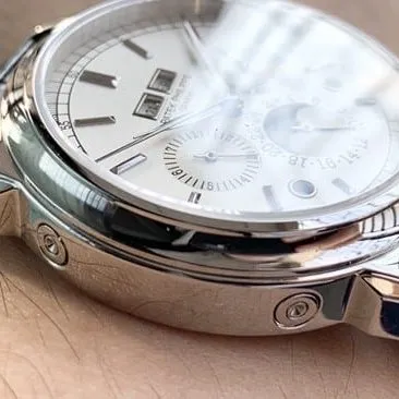 top-tier watch Patek Philippe men's white dial black belt super complex function chronograph series leather strap watch front view