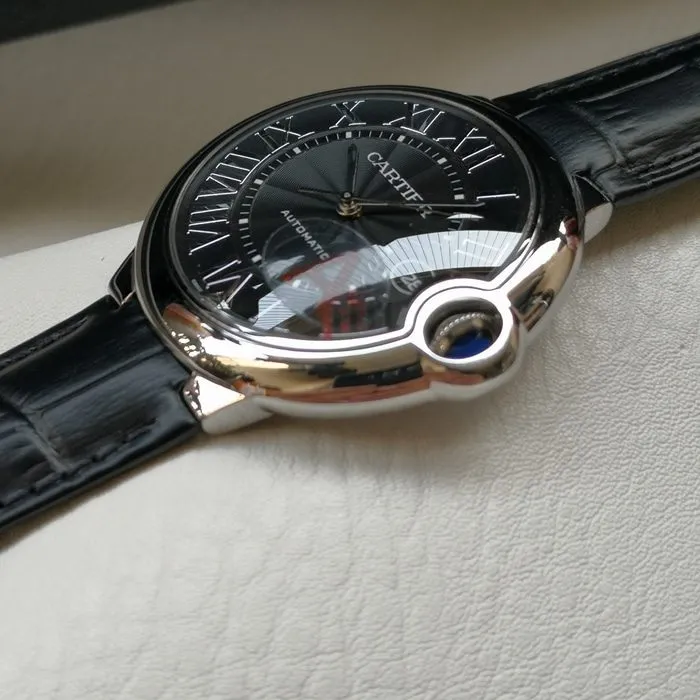top-tier watch Cartier men's black dial blue balloon series mechanical leather strap watch front view
