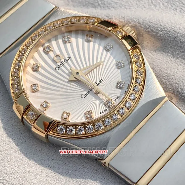 collectible watch Omega Constellation white dial gold diamond bezel 28mm quartz actual product photos
