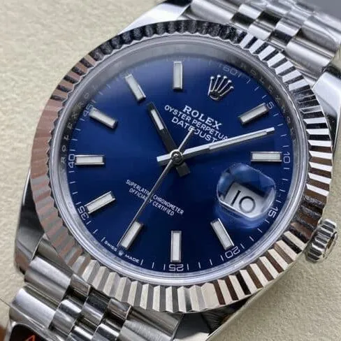 top-tier replicaAR Return of the King Rolex blue dial Oyster Perpetual Datejust 41 series men's watch front view