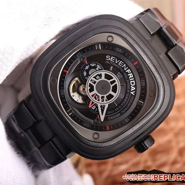 watch seven day display five SEVENFRIDAY/automatic movementmen's watch Swiss steel bracelet large dial all black front view