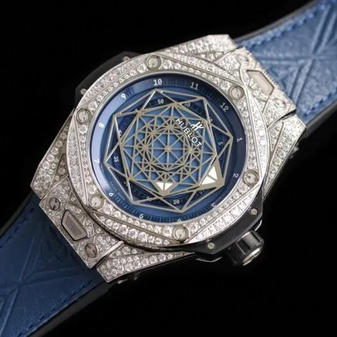 top-tier watch Hublot series tattoo OEM1:1 open mold white steel blue dial full diamond men's mechanical watch front view