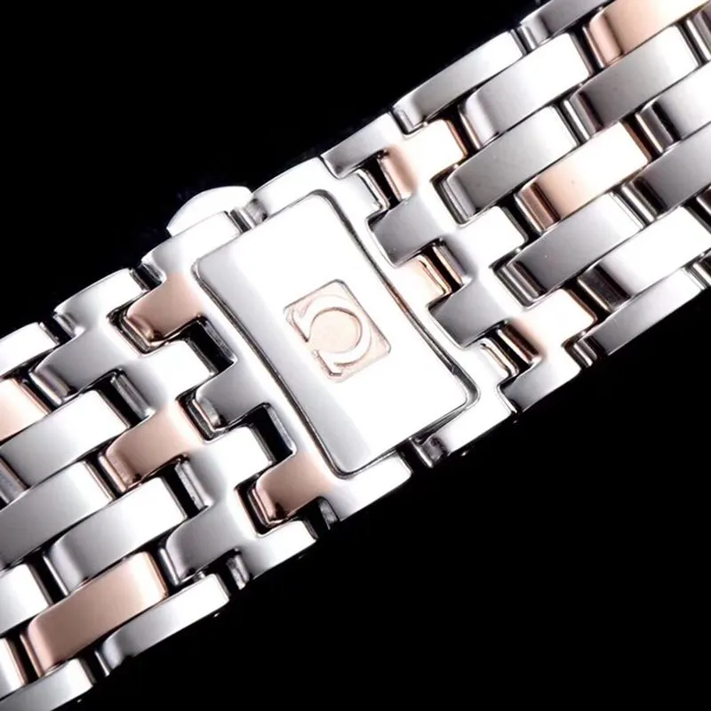 Omega watch disc flying business series men's mechanical ultra-thin watch rose goldsteel bracelet white face front view