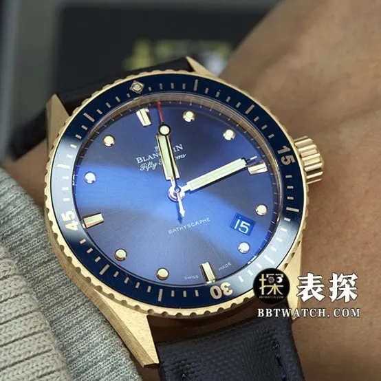 Blancpain Fifty Fathoms top-tier watch men's blue dial gold needle leather strap model pictures and prices front live photo