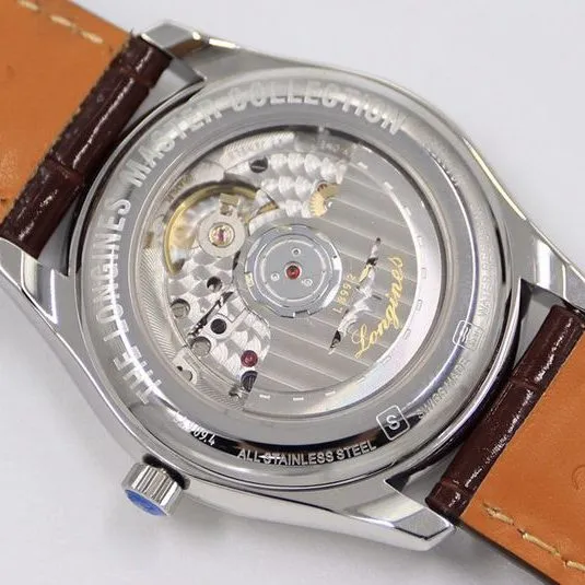 GS factory Longines famous series moon phase watch watch white dial brown bracelet front view