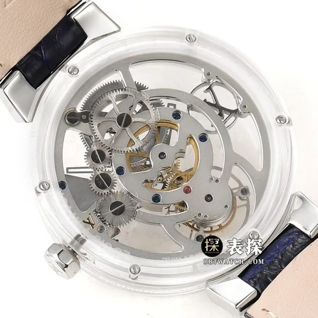 RM men's Louis Vuitton watch transparent case hollow plate tourbillon dark blue leather strap model clasplive photos
